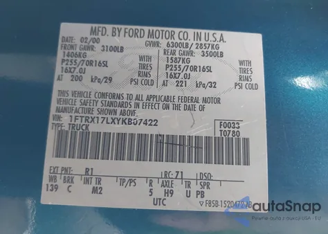 2000 Ford F-150 Lariat/Work Series/Xl/Xlt from USA, damaged, VIN 1FTRX17LXYKB07422